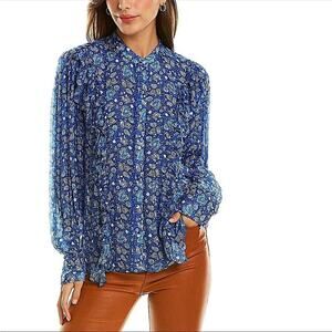 Hemant and Nandita Long Sleeve Blue Paisley Ruffle Top Size Small